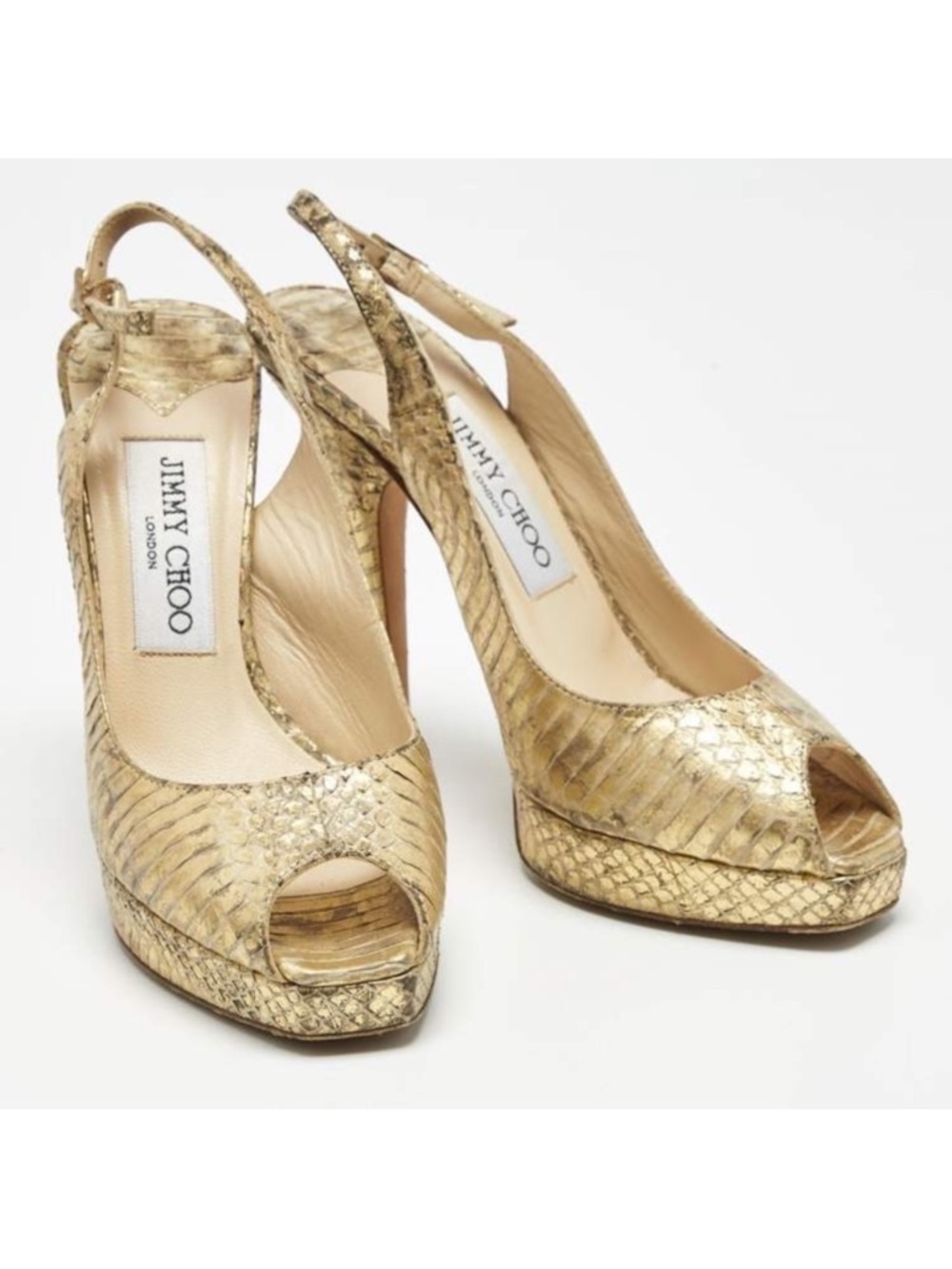 Jimmy Choo Nova Gold Snakeskin Leather Peep Toe Platform Slingback Pumps Size 36